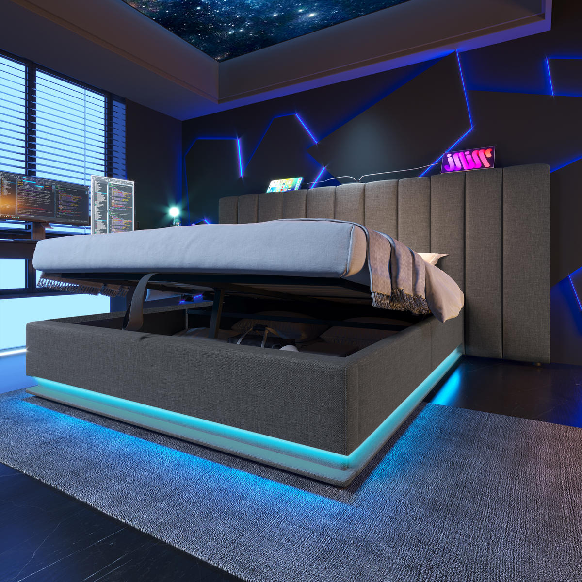 POLSTERBETT 160/200 cm mit hydraulischem Bettkasten, 360° LED & USB/Typ-C, Leinen Grau - Grau, Textil (160/200cm) - Redom