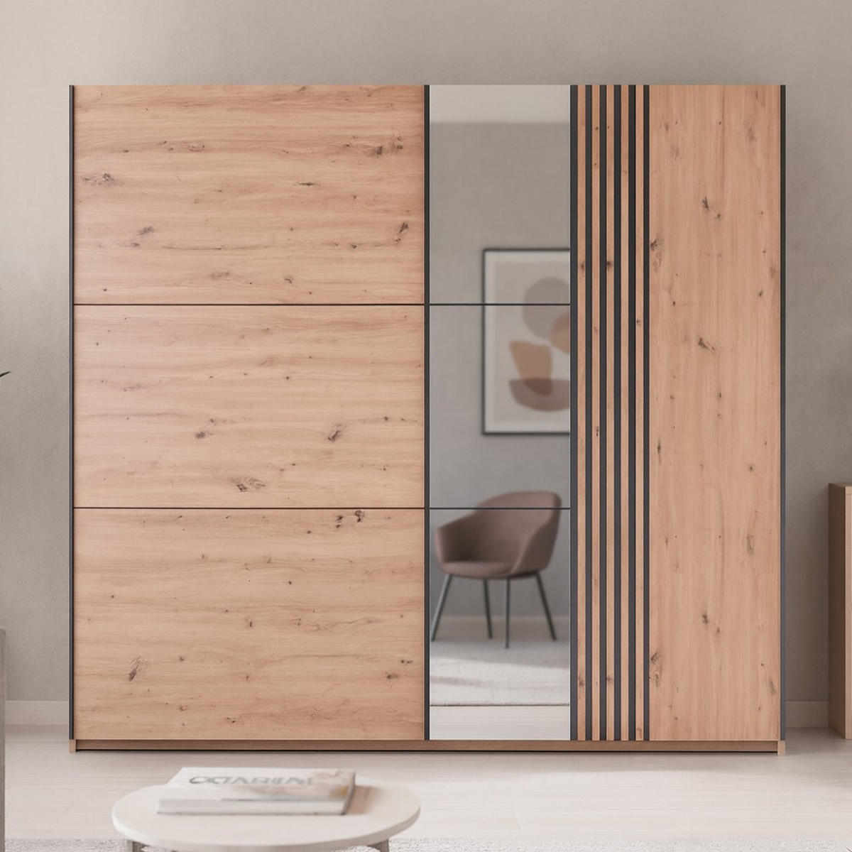 SCHWEBETÜRENSCHRANK Soria mit 2 Türen und Spiegel, 250 cm, eiche Artisan - Eiche Artisan, Holzwerkstoff (250/215/65cm) - Beautysofa