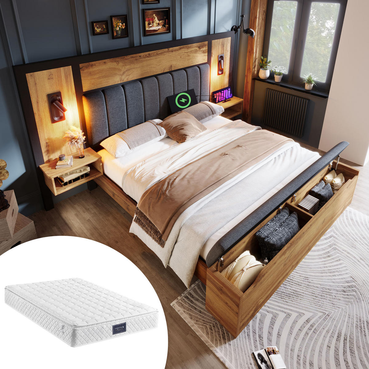 BETT 160/200 cm DE-00948, in Eiche, Sitzbank und Matratze - Eichefarben, Holz (160/200cm) - ComfortXL