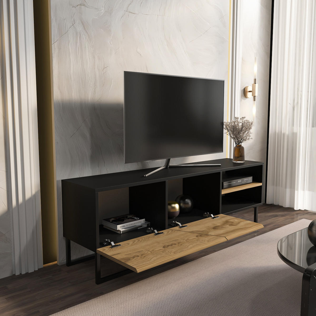 TV-ELEMENT Denasse Schwarz Braun - Eichefarben/Schwarz, Holzwerkstoff (150/50.5/35cm) - Decorotika