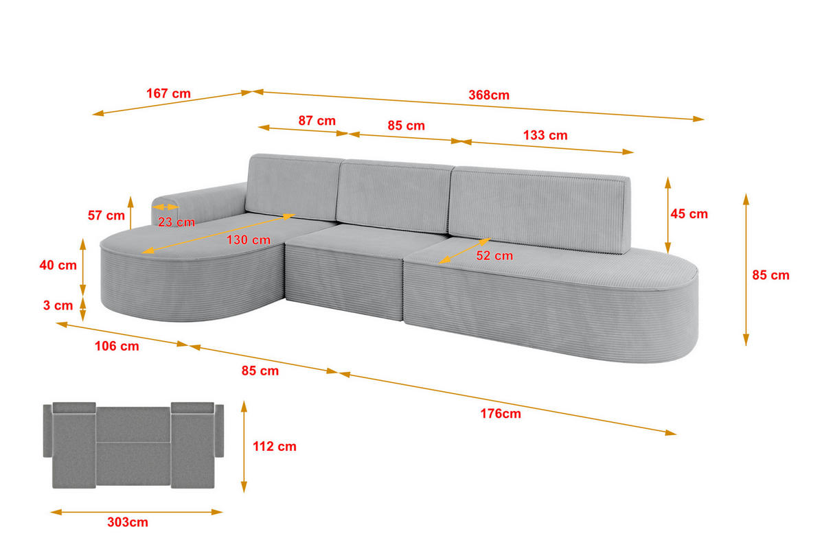 ECKSOFA mit Schlaffunktion Ottomane Links MARI L2-S 368X167X85 Grau Cord - Alufarben/Schwarz, Holzwerkstoff/Kunststoff (368/167cm) - ALTDECOR