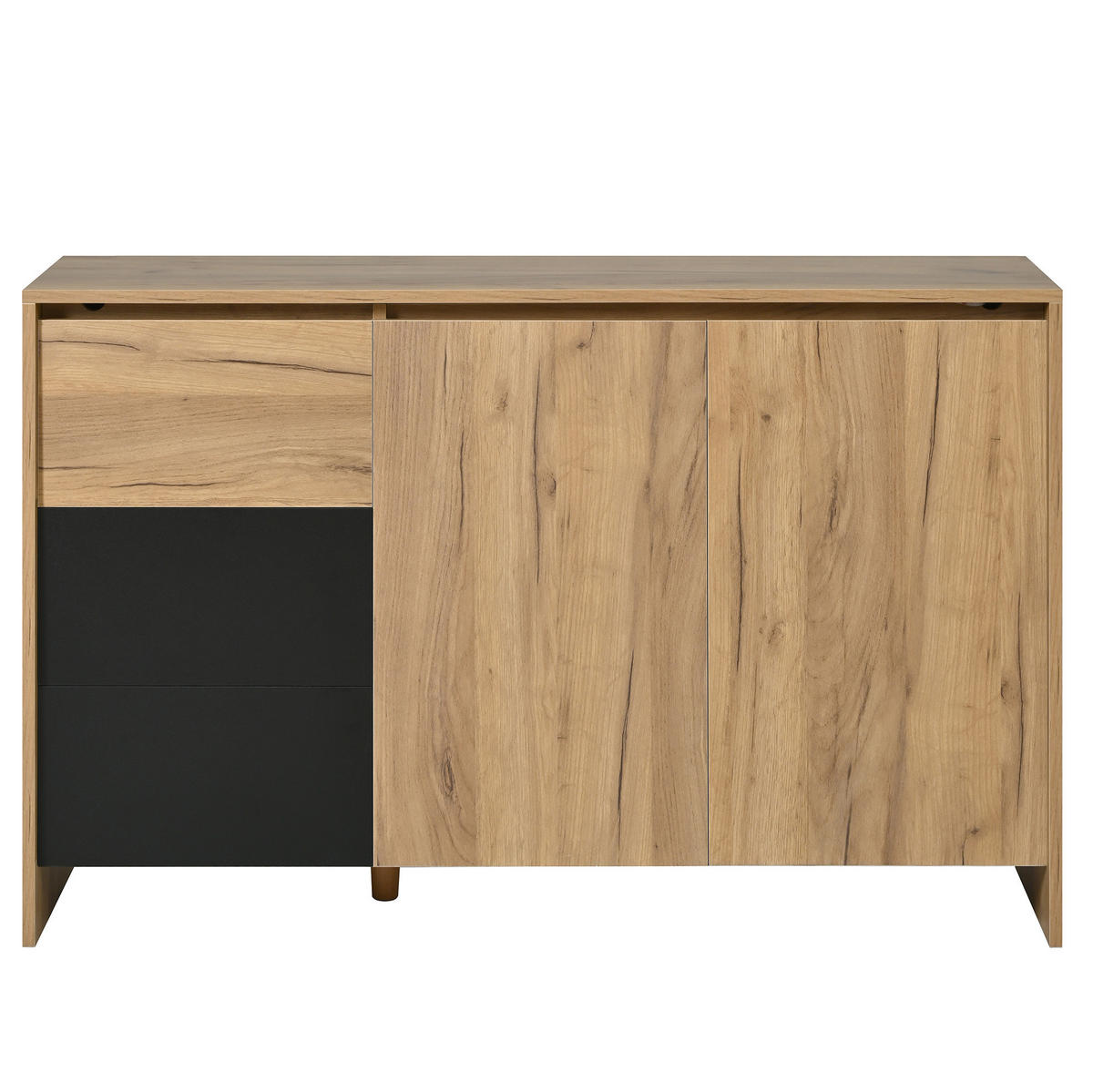 SIDEBOARD aus Spanplatte 105x40x76 cm Natur/Schwarz mit LED-Beleuchtung, 3 Schubladen und 2 Türen - Schwarz, Holzwerkstoff (120/76/40cm) - Modfu