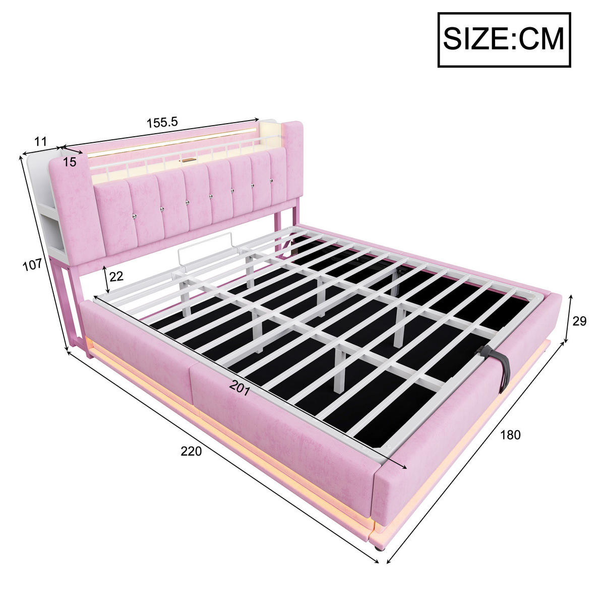 ČALÚNENÁ posteľ z MDF, kovu a látky 180x200 cm ružová s LED osvetlením, USB a hydraulickým úložným priestorom - ružová, textil (180/200cm) - Modfu