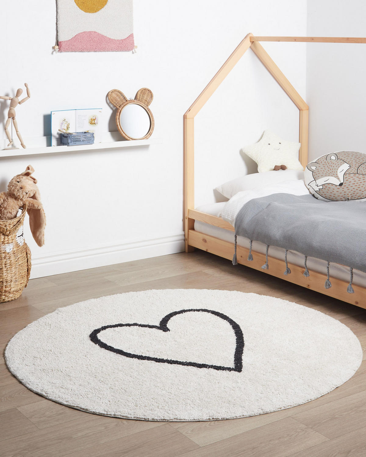 KURZFLOR-TEPPICH Beige 140 cm Heart - Beige/Schwarz, Textil (140/140cm) - Beliani