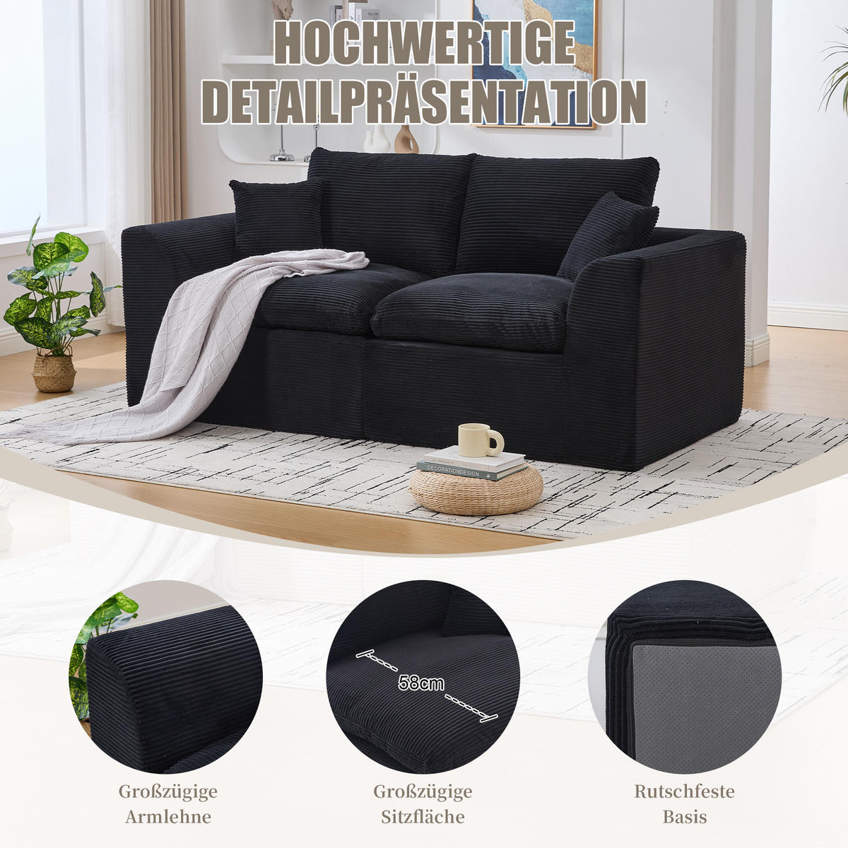 2-SITZER SOFA Cord Schwarz mit Kissen - Schwarz, Textil (204/84/102.5cm) - WISHDOR