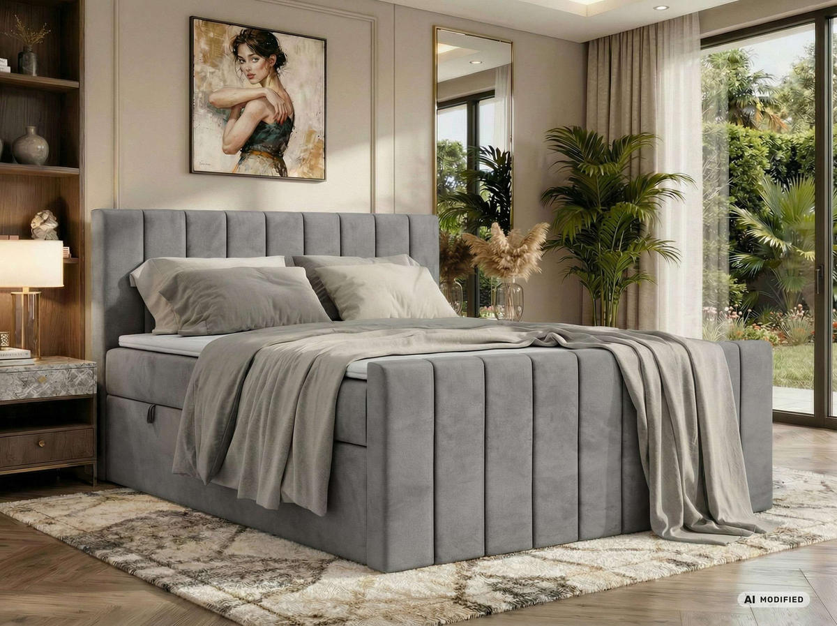 BOXBETT ALVER DUO 160/200 - Hellgrau Velvet - Topper T25 - H3 - Hellgrau, Textil (160/200cm) - MKS