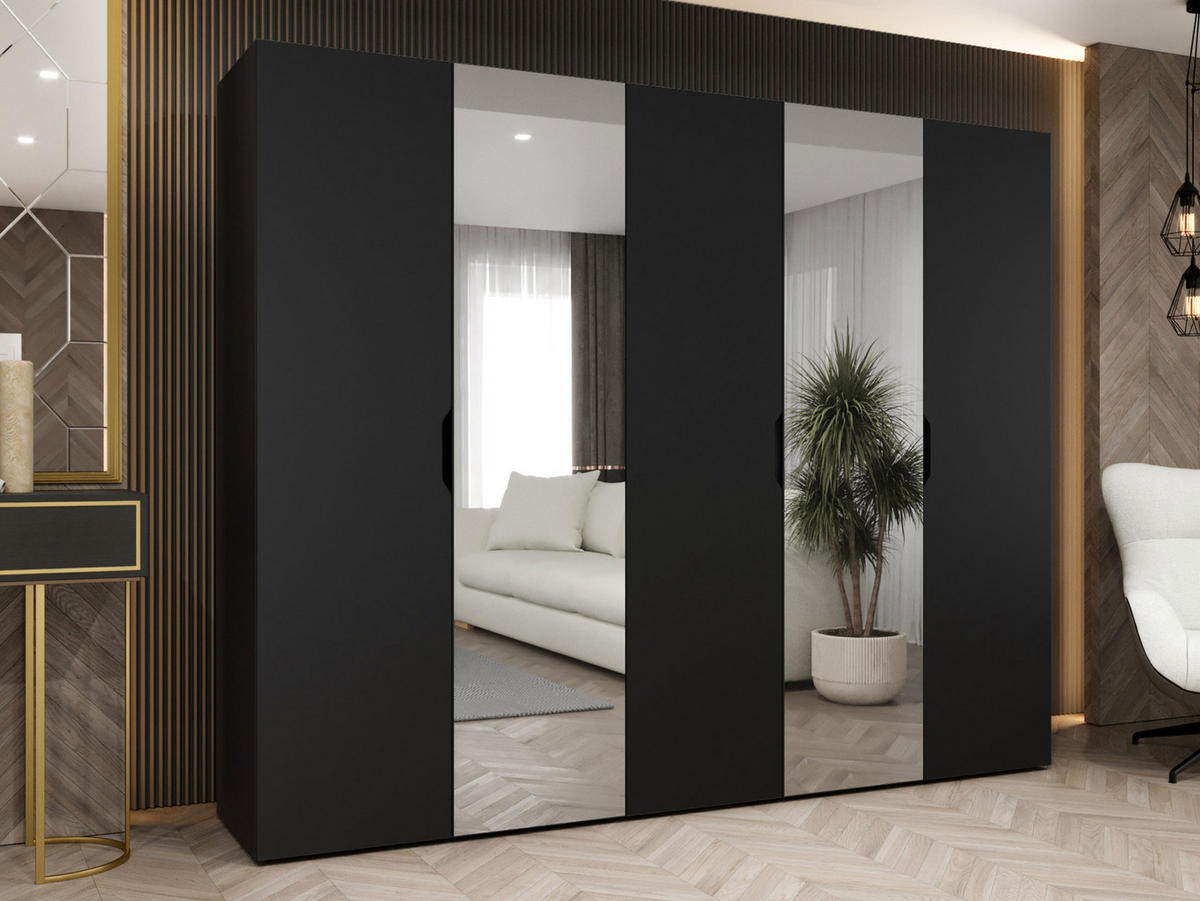 DREHTÜRENSCHRANK Malaga 250 mit Frontspiegel - Schwarz, Holzwerkstoff (250/202/52cm) - MIRJAN24