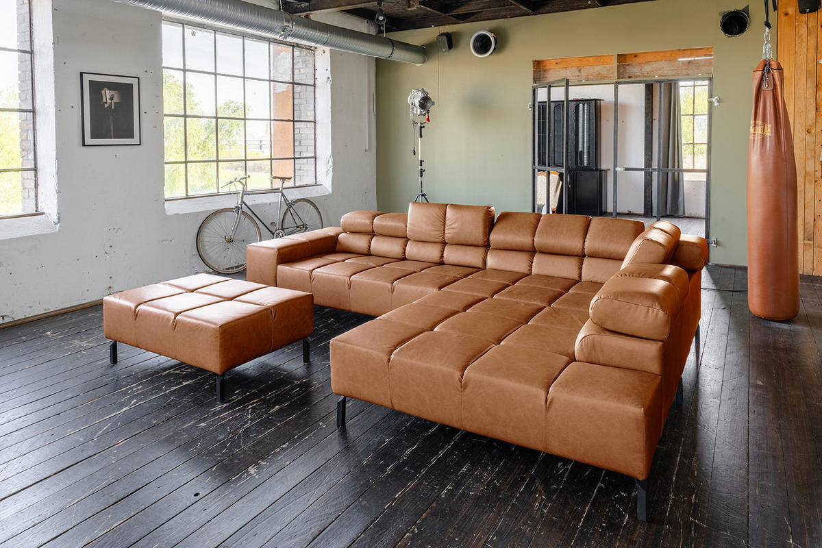 ECKSOFA NELSON Braun Leder - Cognac/Dunkelbraun, Leder/Metall (321/216cm) - KAWOLA