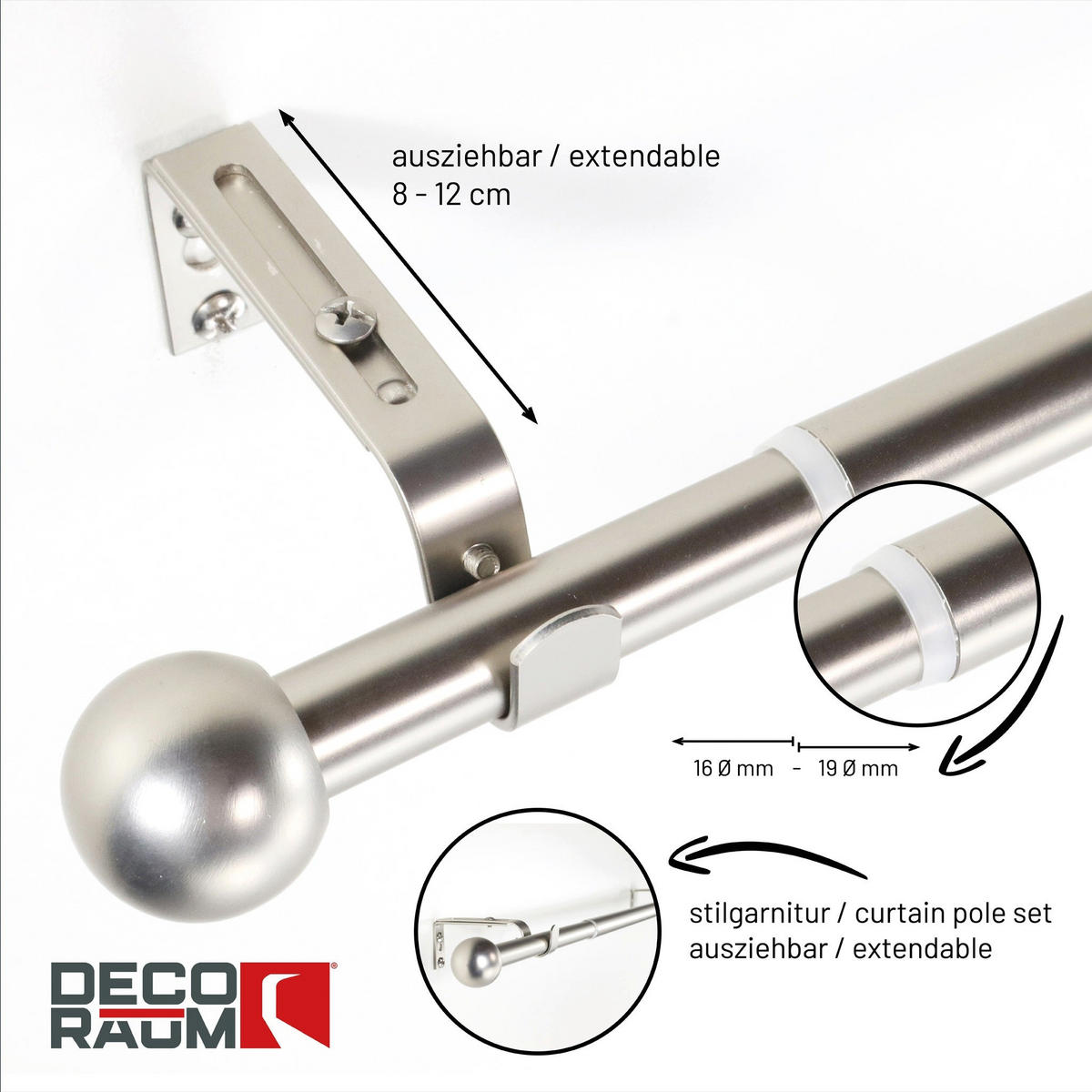 GARDINENSTANGE ausziehbar 120-210cm 1-Lauf Flexa Kugel - Silberfarben, Metall (120cm) - Deco-Raum