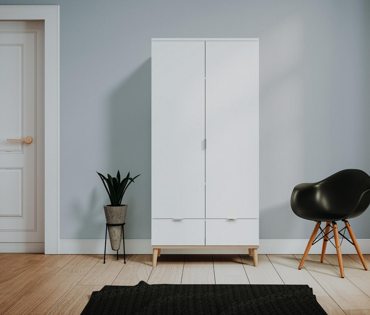 KLEIDERSCHRANK weiß matt, Eiche Sonoma massiv 90 x 180 cm, Drehtürenschrank skandinavisch - Chromfarben/Eichefarben, Holz/Holzwerkstoff (90/180/55cm) - Furn.Design