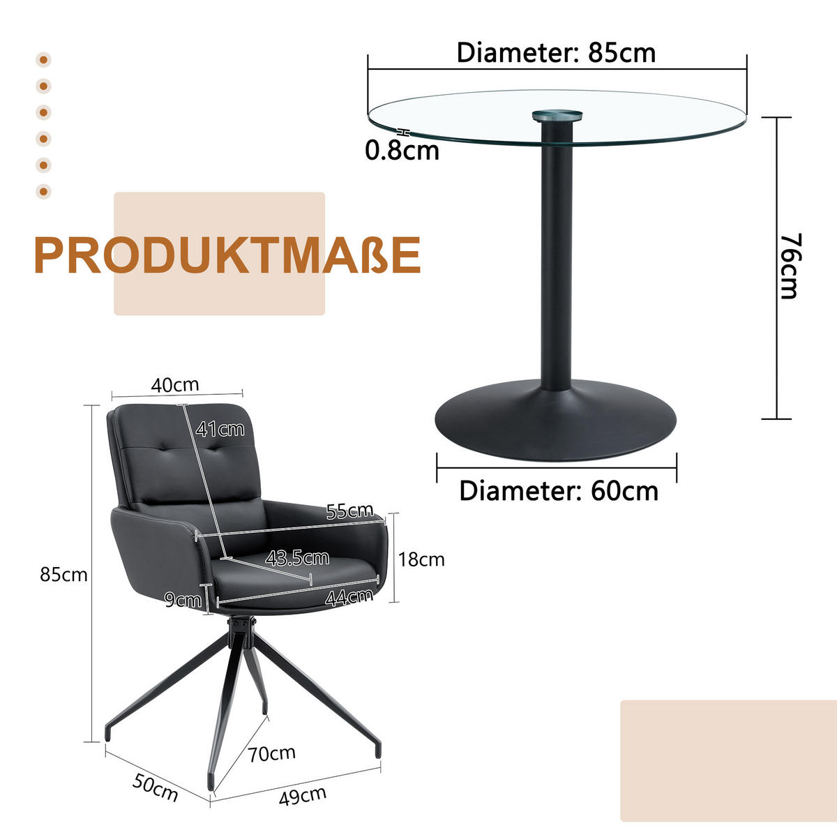 ESSGRUPPE DE-39489 3-teilig, Glastisch und 2 Drehstühlen Schwarz - Schwarz, Metall (85/75/85cm) - ComfortXL