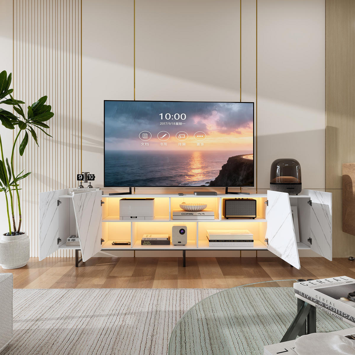 TV-BOARD weiß 220cm marmor-optik metallgestell - Weiß, Holzwerkstoff (34.5/67.7/220cm) - SHOPENTRA