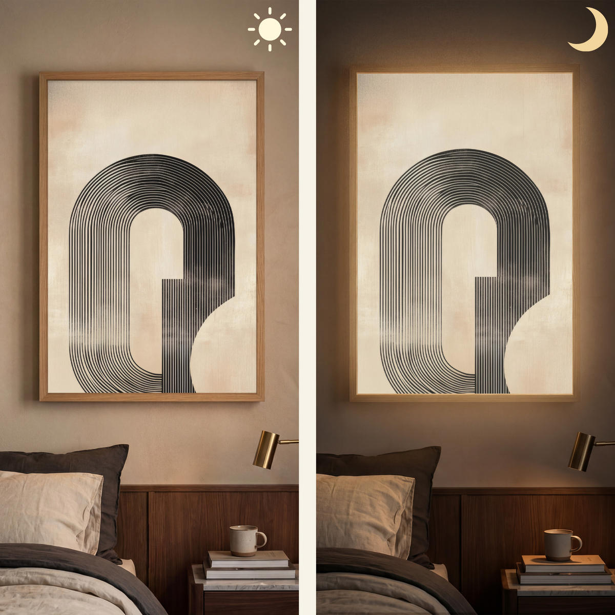 NÁSTĚNNÁ LAMPA S AKUMULÁTOREM Luk - Pruhy - Minimalistický - Černý 70x100 cm - béžová, kompozitní dřevo (70/100/8cm) - OnlyWow
