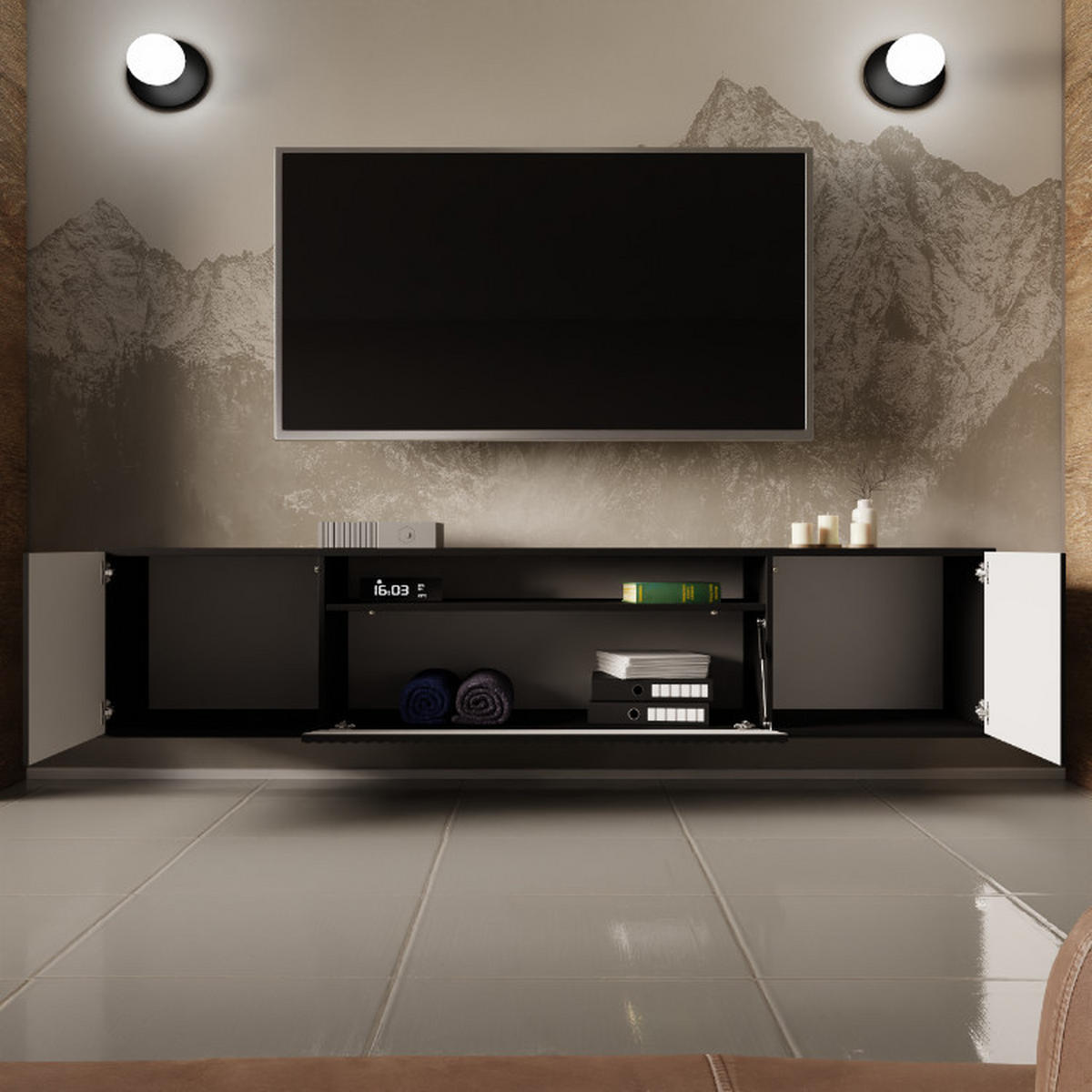 TV-SCHRANK Noe 200 cm, dreitürig, schwarz - Schwarz, Kunststoff (200/40/41cm) - Margaret Hadas24