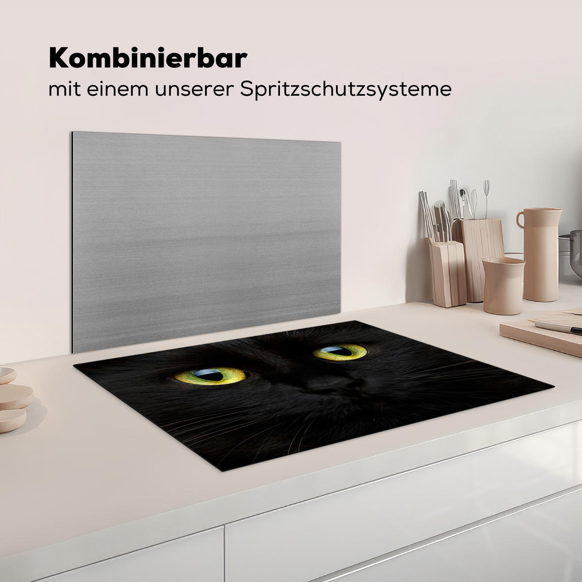 HERDABDECKPLATTE Katze - Augen - Gelb - Schwarz Herdabdeckung Induktionsfeld 75x52 cm - Schwarz, Kunststoff (75/52/0.2cm) - MuchoWow