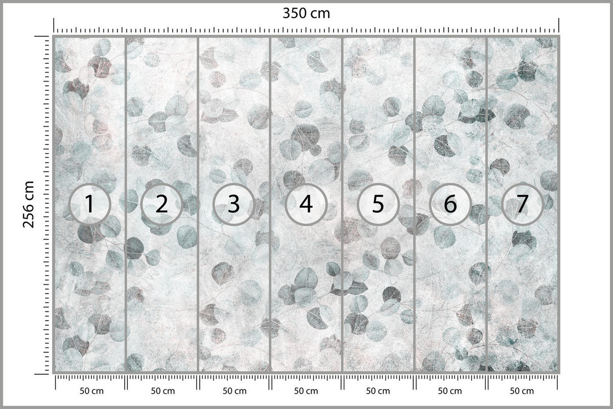 FOTOTAPETE für Schlafzimmer Eukalyptus Blätter Beton Pflanzen Vintage Grau 350x256 - Grau, Papier (350/256cm) - Muralo
