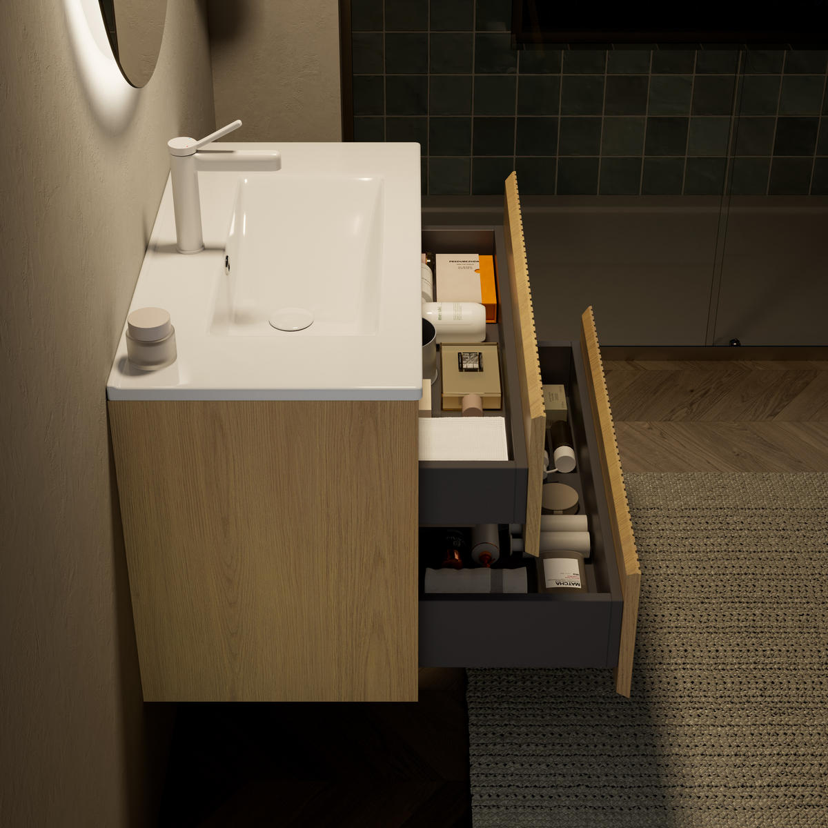 BADEZIMMERSCHRANK 75x39x51.5 cm Goldene Eiche & Weiß aus Keramik mit 2 Schubladen - Eichefarben, Keramik (75/51.5/39cm) - Modfu