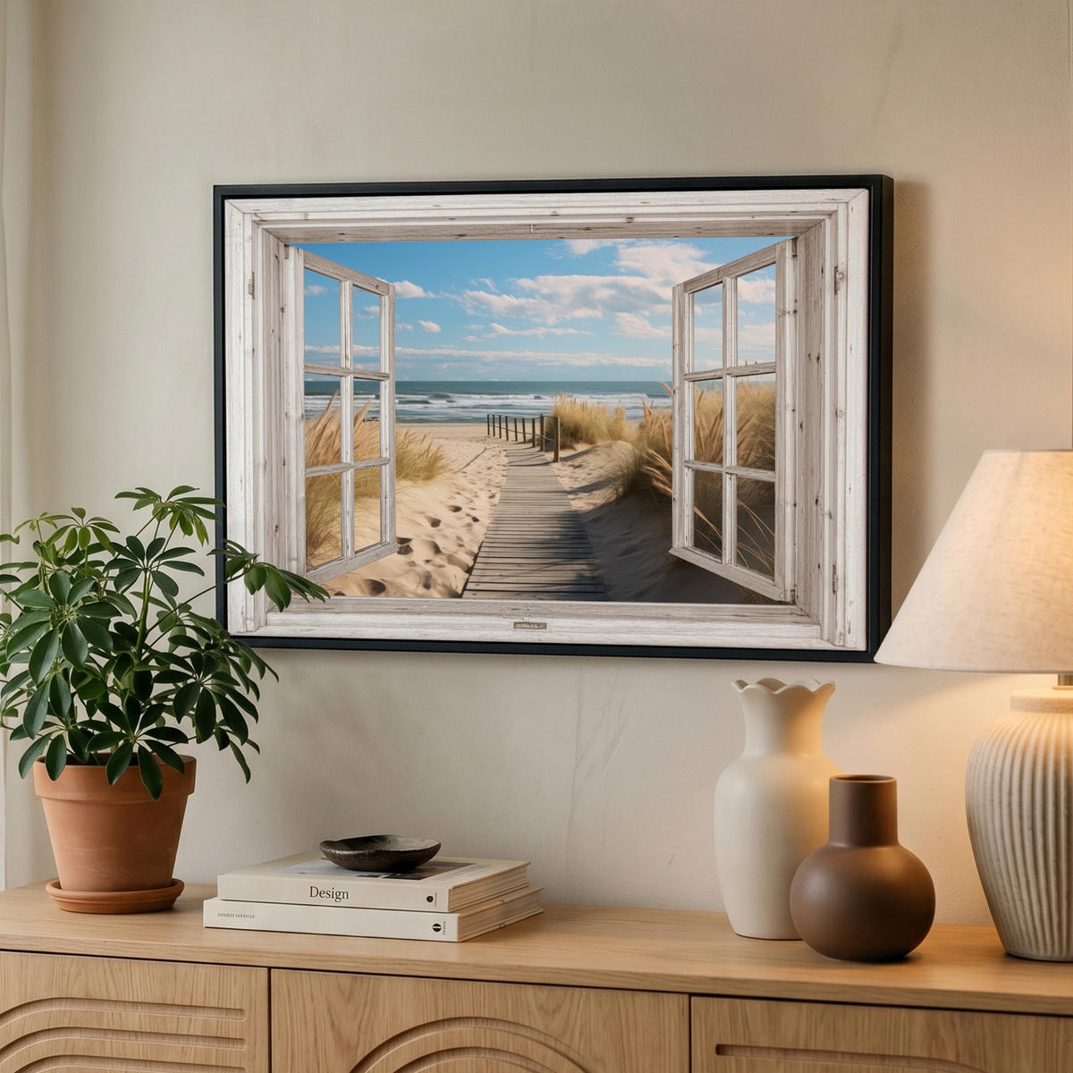 LEINWAND Bilder mit Rahmen - Fenster - Meer - Küste - Natur - Ausblick - Strand - Wattenmeer - 60x40 - Beige, Textil (60/40cm) - MuchoWow