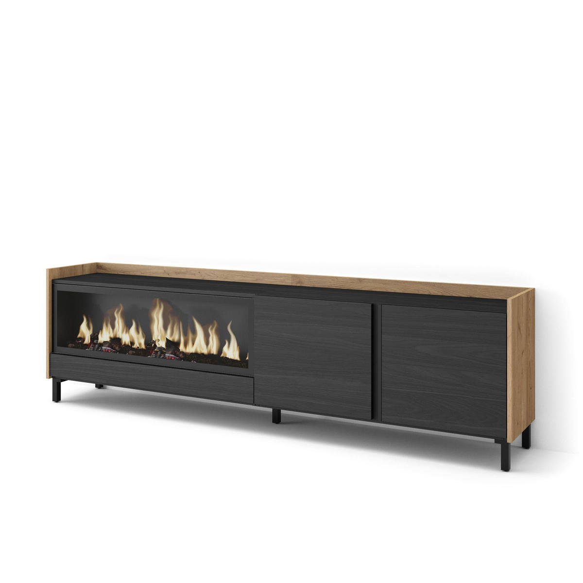 LOWBOARD, Schwarz und Eiche, 212/35/61cm, Kamin mit Feuereffekt XXL - Schwarz, Holzwerkstoff (212/61/35cm) - Skraut Home