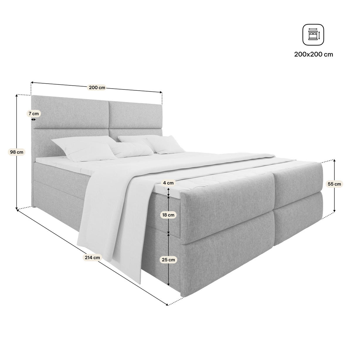 BOXBETT MULEN 200x200 cm mit Matratze und Topper, H2+H3 - Hellgrau - Hellgrau, Holz (200/200cm) - MASSENO
