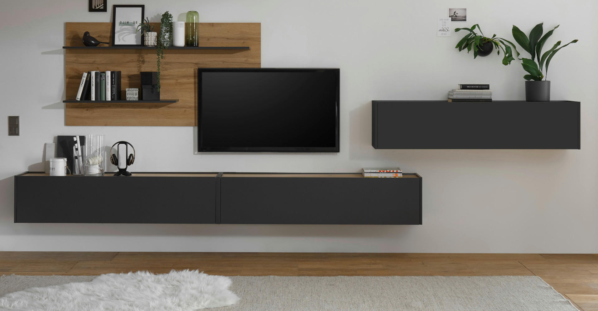 WOHNWAND 4-teilig grau matt, Eiche Wotan 400 cm, Schrankwand hängend - Eiche Wotan/Grau, Holz/Holzwerkstoff (400/180/30cm) - Furn.Design