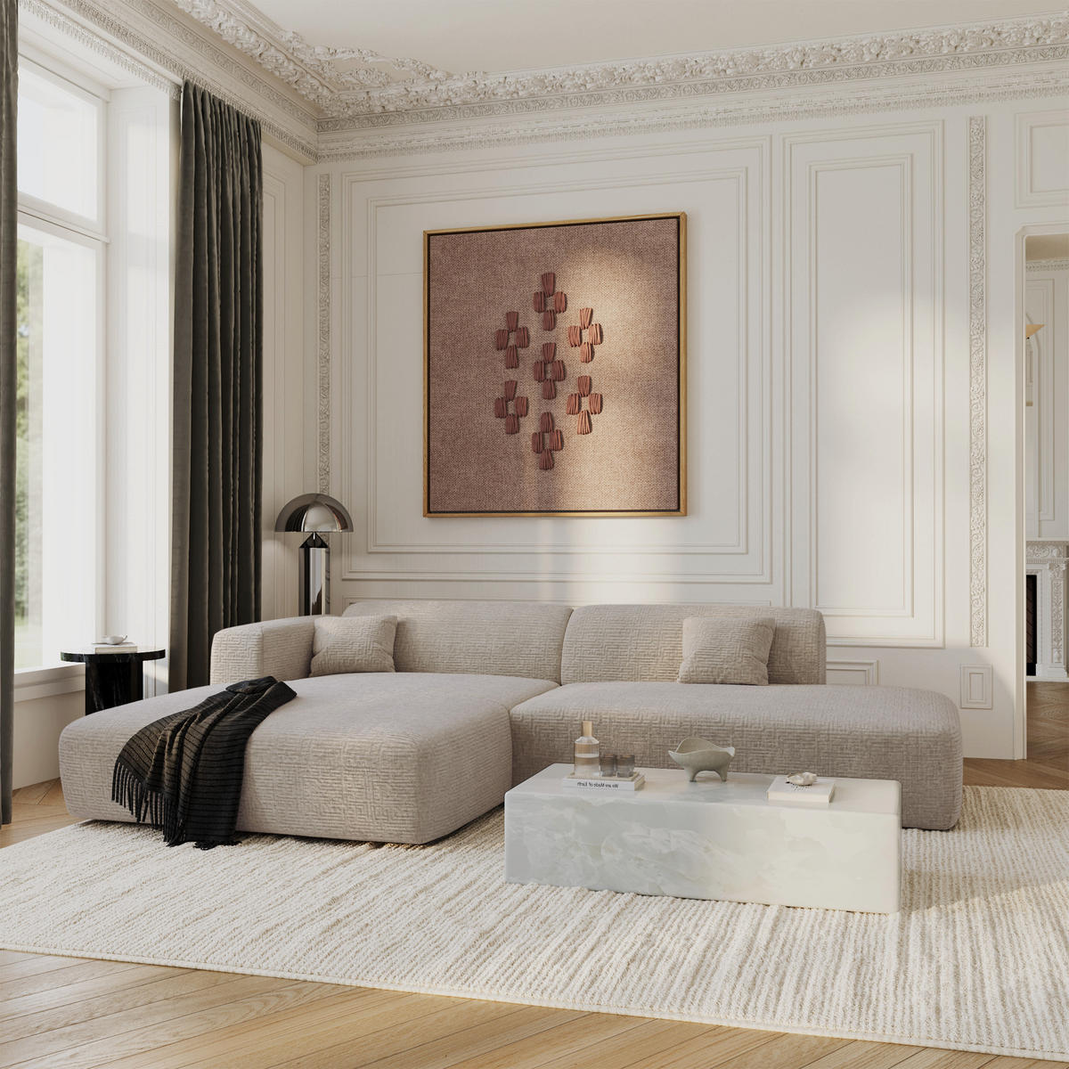 ECKSOFA LINKS Gemusterter Samt Beige 310cm - Beige, Textil (96/300cm) - Sia Home