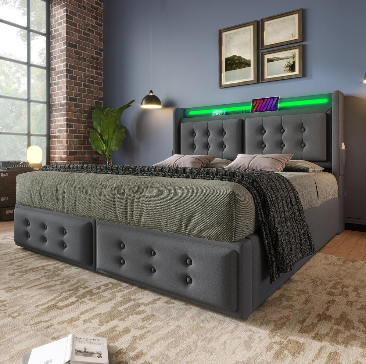 POLSTERBETT aus Baumwoll-Leinenstoff 160x200 cm Grau mit LED, USB-C, Steckdosen und Bettkasten - Grau, Textil (160/200cm) - IVMEU