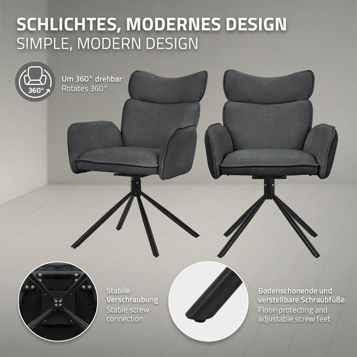 JÍDELNÍ ŽIDLE, sada 6 ks, otočné, antracitové s látkovým potahem - černá/antracitová, kov/textil (63/89/68cm) - ML-DESIGN
