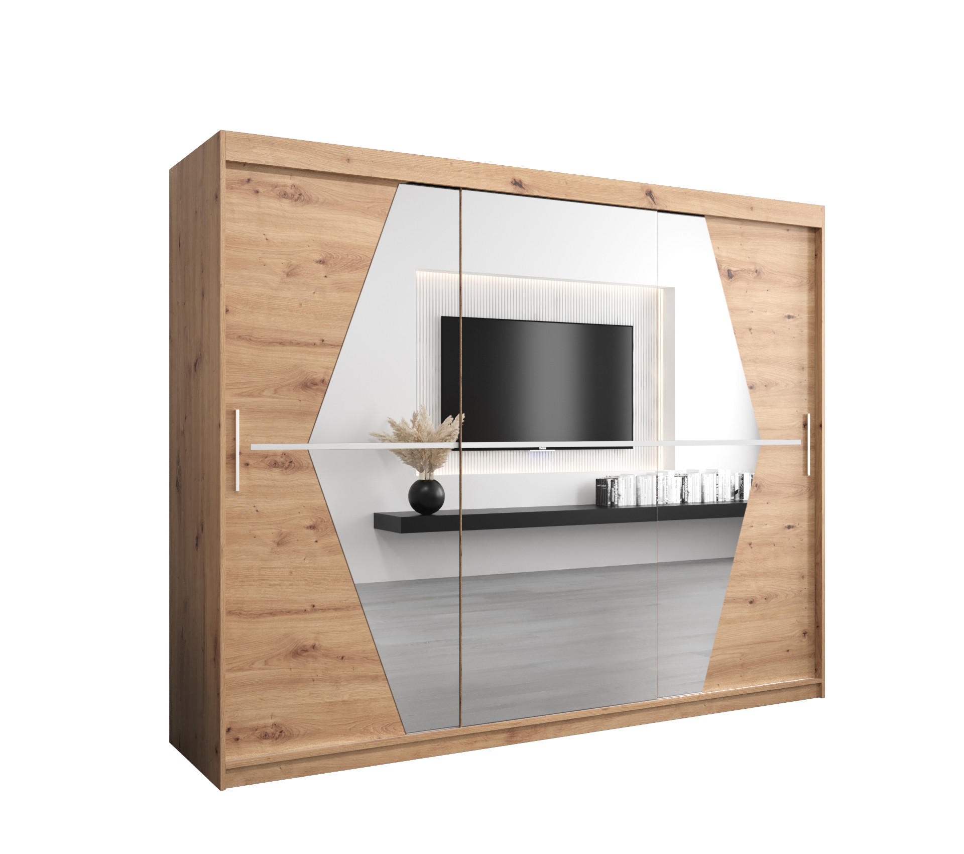 SCHWEBETÜRENSCHRANK 200/250/62 3-türig - Silberfarben/Eiche Artisan, Holz/Kunststoff (250/200/62cm) - MÖBEL KRYSPOL