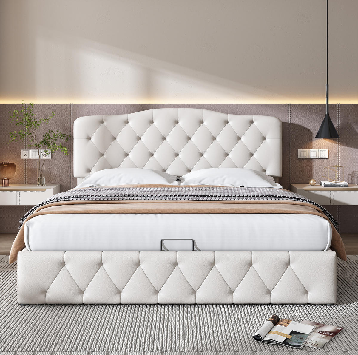 POLSTERBETT 140/200 cm Weiß mit Stauraum und höhenverstellbarem Kopfteil aus PU - Weiß, Kunststoff (140/200cm) - OKWISH