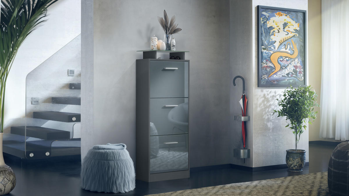 SCHUHSCHRANK Lavia Front in Grau Hochglanz - Grau, Holzwerkstoff (46/128/23cm) - Vladon