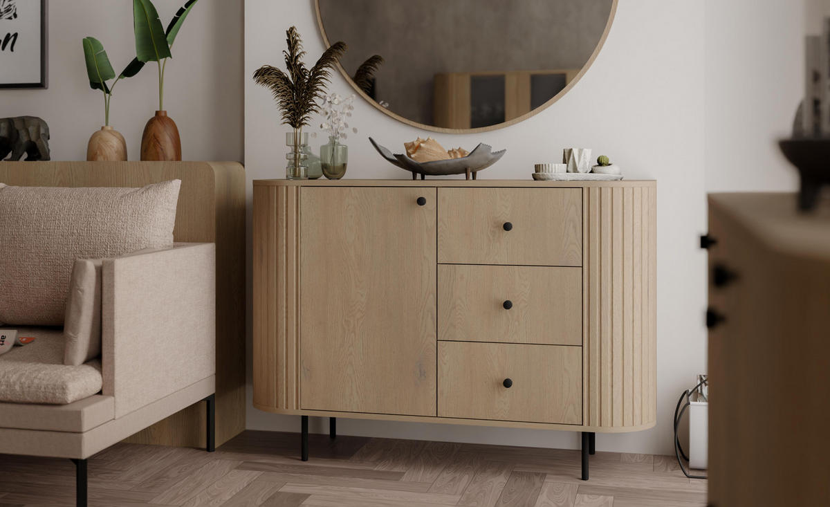 SIDEBOARD Halay Eiche Cremona, 1 Tür & 3 Schubladen Moderne Rillenstruktur 123 cm - Eichefarben/Schwarz, Holzwerkstoff/Metall (123/85.4/42.3cm) - AX Living