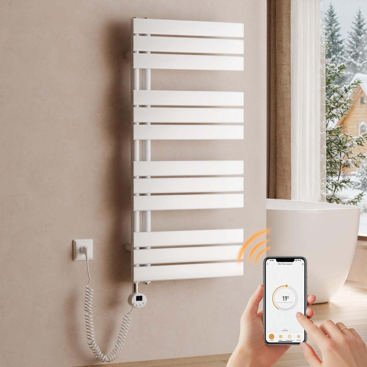 HANDTUCHHEIZKÖRPER 104,1/50 cm weiß elektrisch 600 W mit WLAN-Thermostat - Weiß, Metall (50/104/5.9cm) - S'AFIELINA