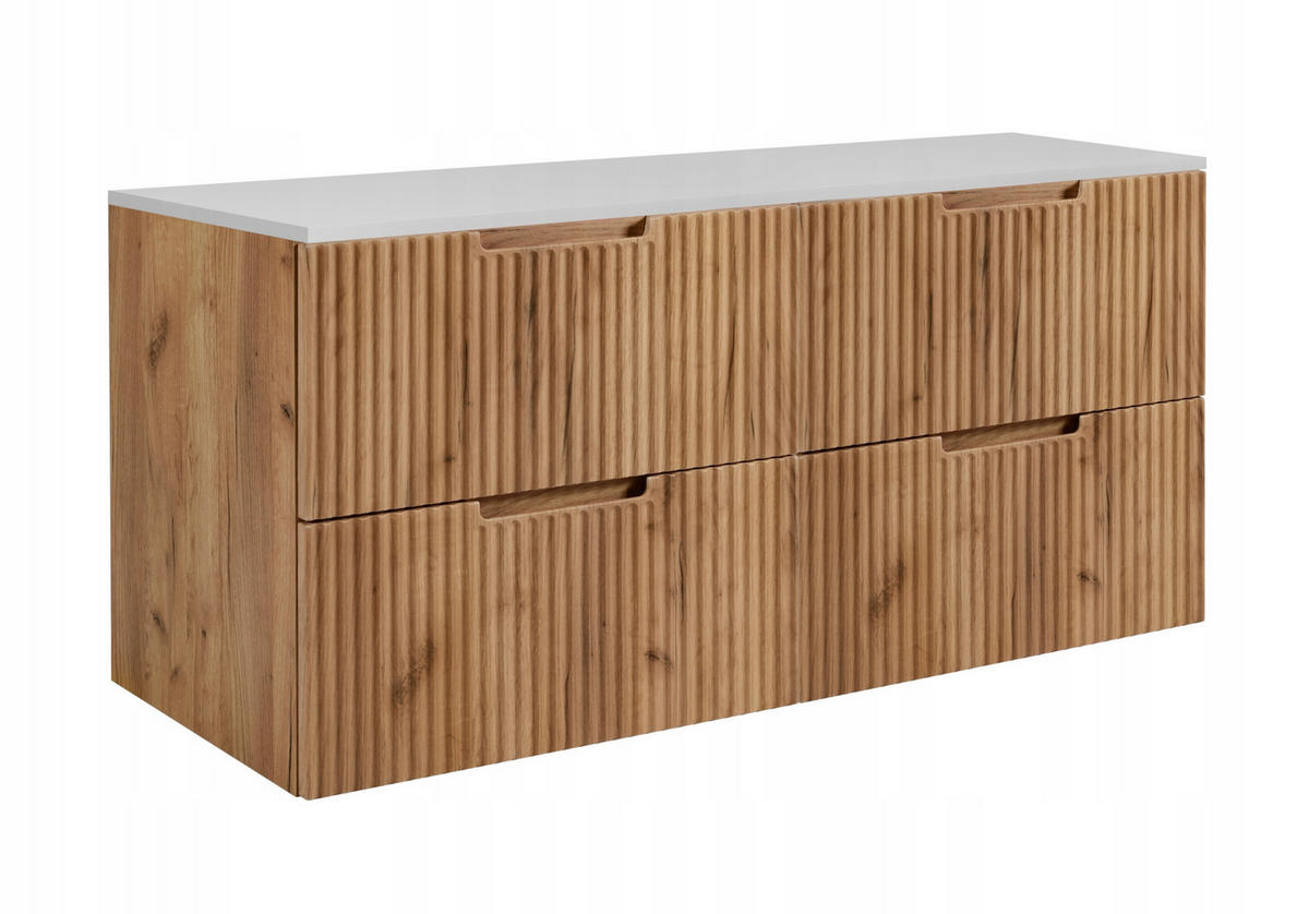 WASCHBECKUNTERSCHRANK VENA 120 cm mit Arbeitsplatte Farbe: Mattweiß Gerillte Vorderseite Eichen Craft - Eichefarben/Weiß, Holzwerkstoff (120/58/46cm) - Rodan