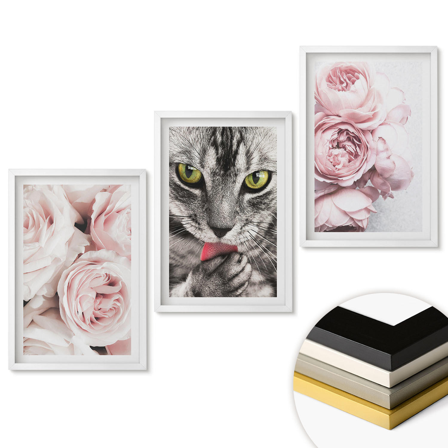 WANDBILDER 3er-Set - 40x60 cm Weißer Rahmen - Katze in rosa Blumen - Weiß, Kunststoff (40/60cm) - ArtPrintCave