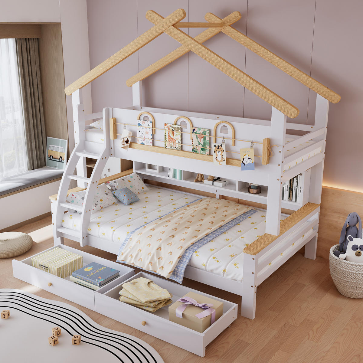 ETAGENBETT mit Schubladen und Treppe 90x200/120x200 cm Weiß/Natur - Weiß, Holz (90/200cm) - Meubliv