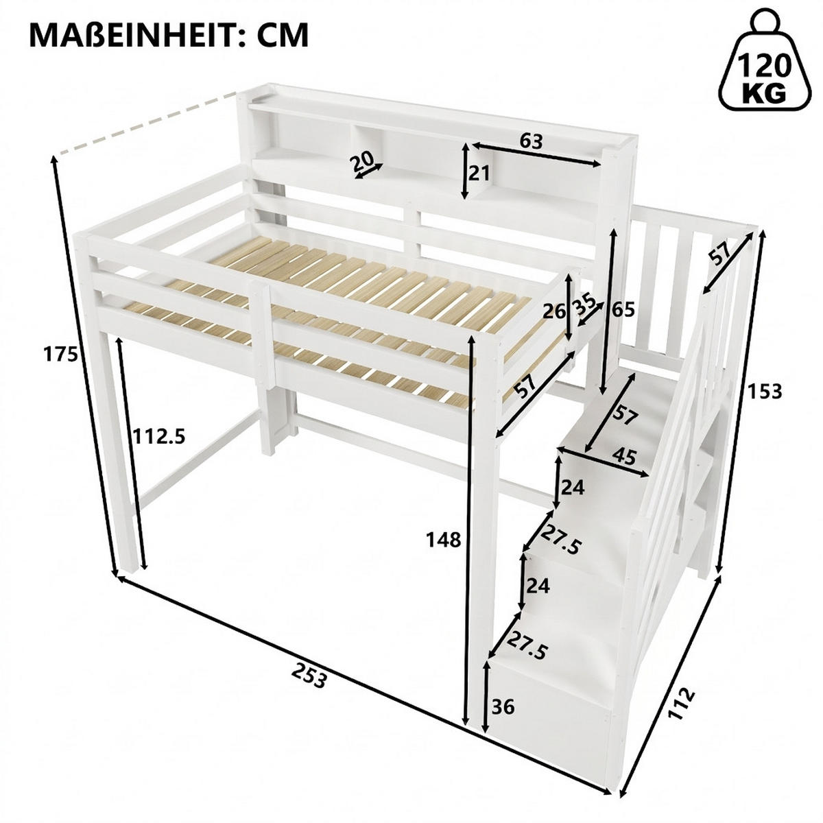 HOCHBETT 90/200 cm Weiß mit LED-Leuchten, Stauraumtreppe, offenem Staufach - Weiß, Holz (90/200cm) - Oxeza