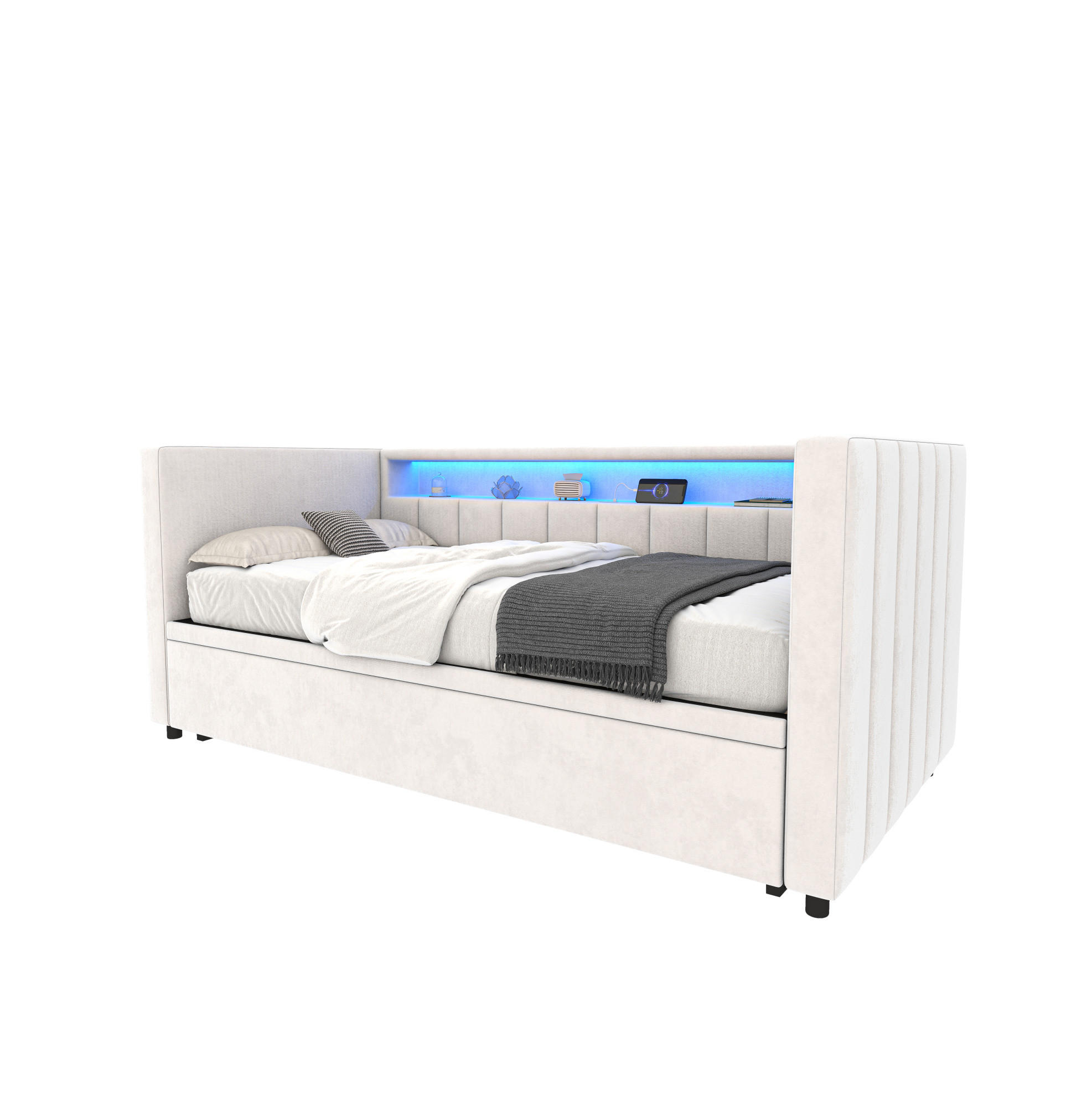 OKWISH ROZKLÁDACÍ pohovka 90/190 cm béžová z sametu s LED osvětlením, USB-C a úložným prostorem