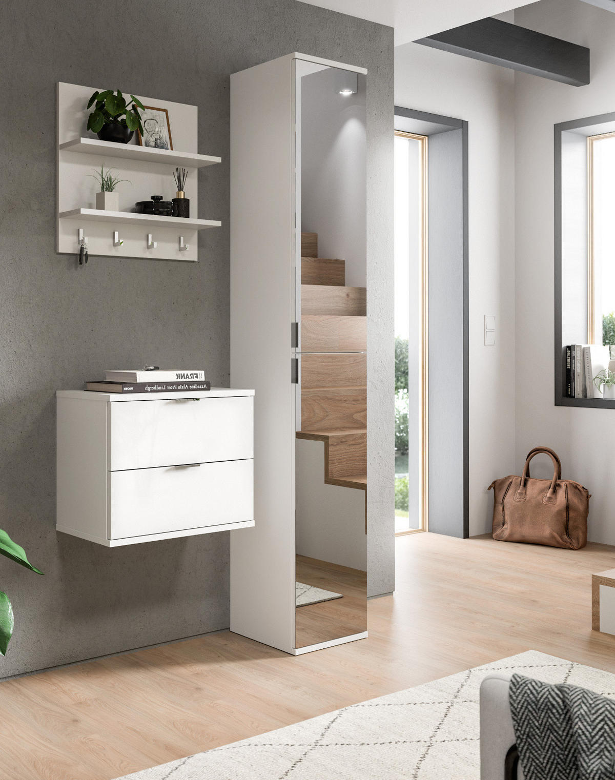 GARDEROBE Set 3-teilig weiß Hochglanz 97 cm, Komplettset mit Spiegel - Chromfarben/Weiß Hochglanz, Glas/Holzwerkstoff (97/193/34cm) - Inn.Furn