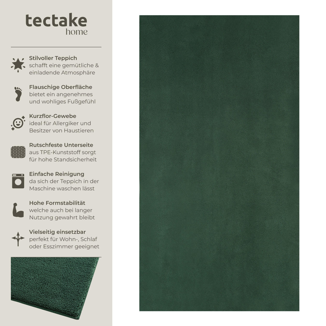 KURZFLORTEPPICH Soft Zone,rutschfeste Unterseite,grün - Grün, Kunststoff (110/60cm) - tectake