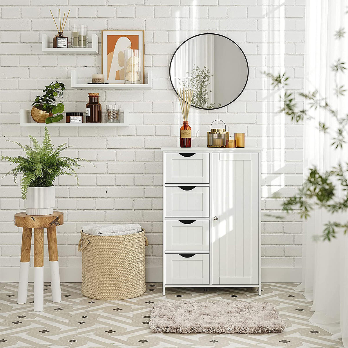 MIDISCHRANK mit 1 Tür und 4 Schubladen - L55cm - Weiß, Holzwerkstoff (30/81/55cm) - Calicosy