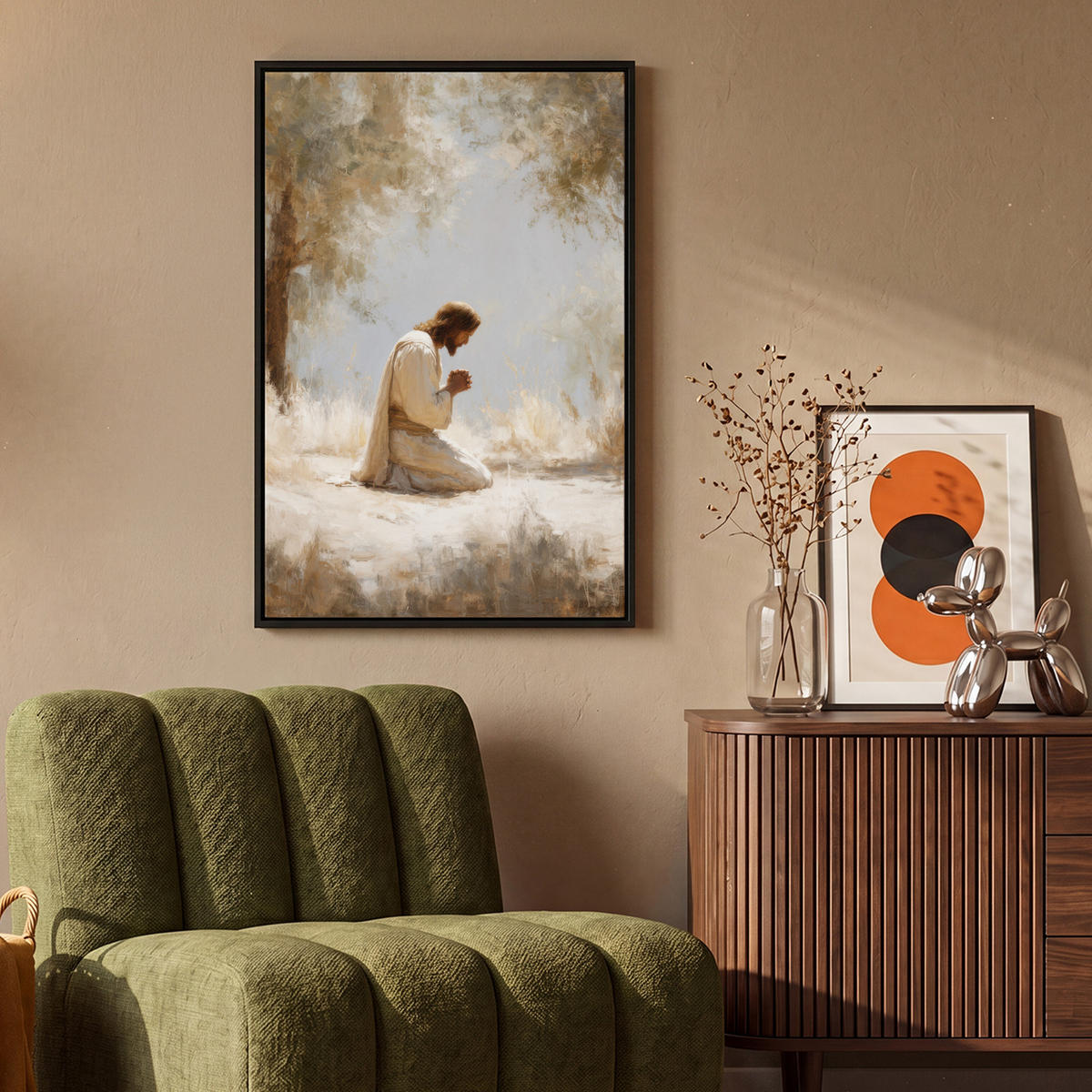 LEINWAND Bilder mit Rahmen - Jesus - Kniend - Waldlandschaft - Betend - 60x90 - Beige, Textil (60/90cm) - MuchoWow