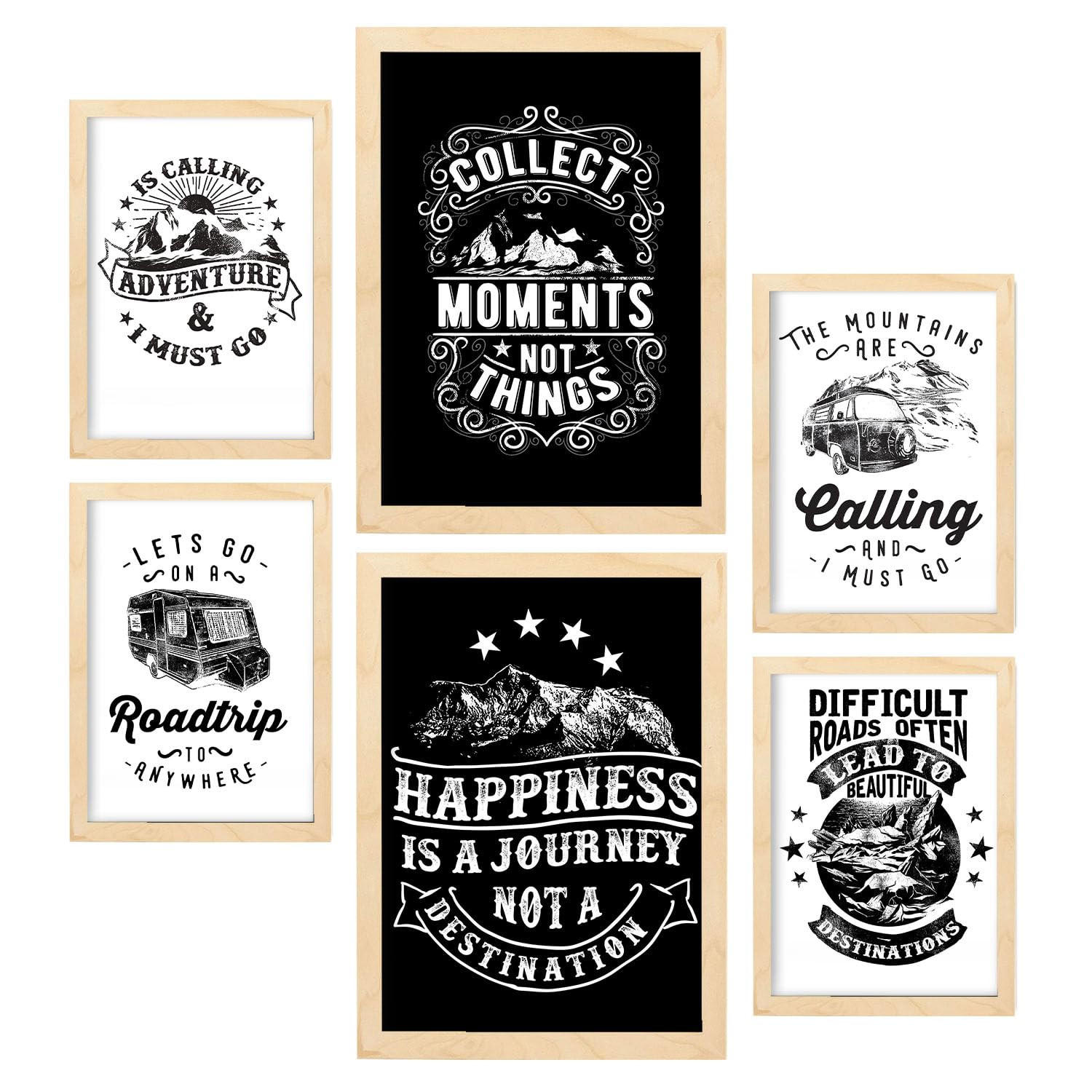 POSTER Set Mit 6 Abenteuer In Rustikale Zitate A3 & A4 Rahmen Aus Hellem Holz - Beige, Papier (29/3cm) - Nacnic