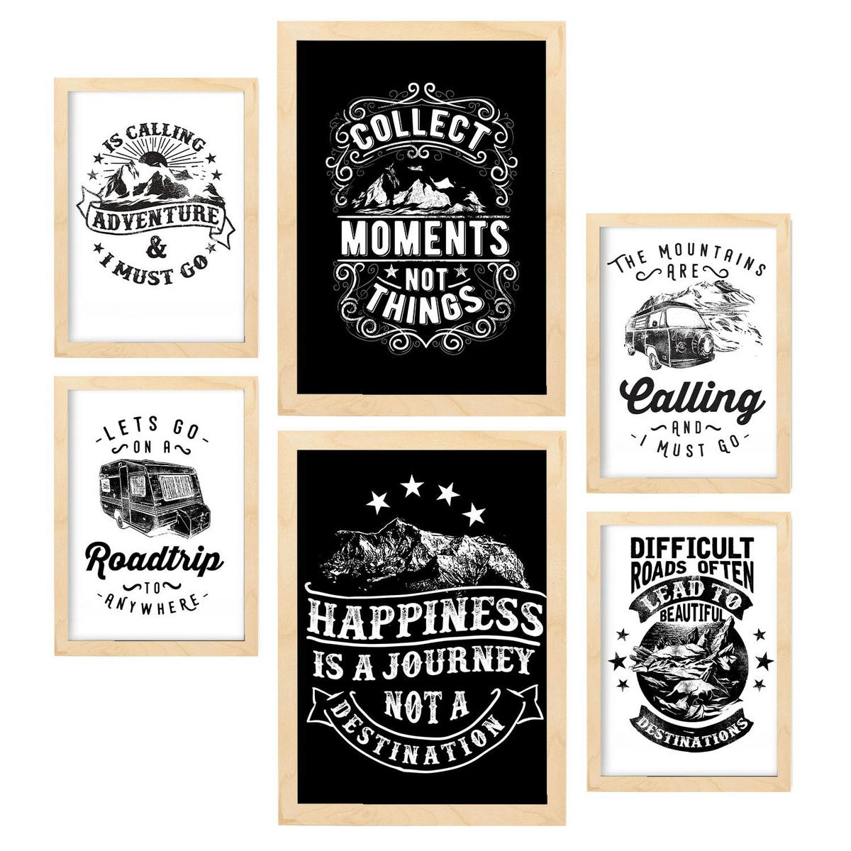 POSTER Set Mit 6 Abenteuer In Rustikale Zitate A3 & A4 Rahmen Aus Hellem Holz - Beige, Papier (29/3cm) - Nacnic
