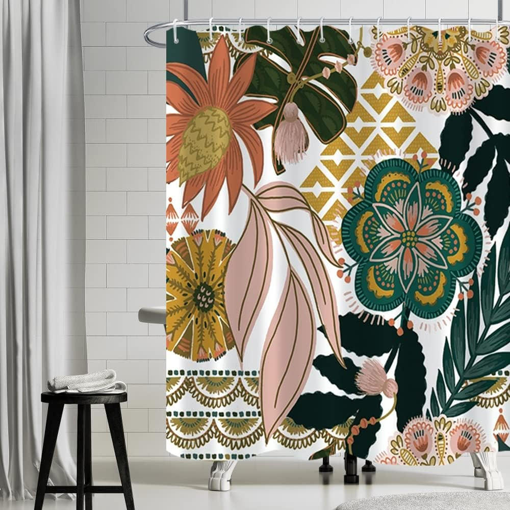 DUSCHVORHANG Rosa Boho Blumen Blatt Grün Badewanne schimmelresistent wasserdicht Stoff waschbar Badezimmer - Multicolor, Textil (180/180cm) - MCBOSON