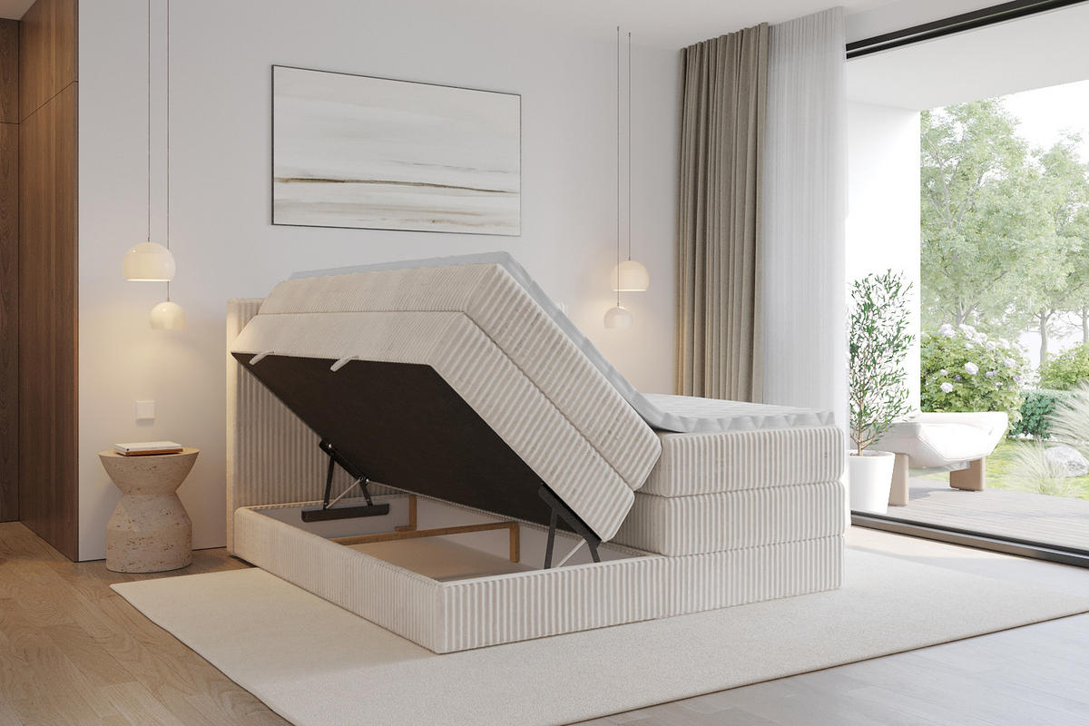 BOXSPRINGBETT mit Matratze H3|H4 und Lattenrost - TOLO KING 120x200 Cord - Creme - Creme, Holzwerkstoff (120/200cm) - ALTDECOR