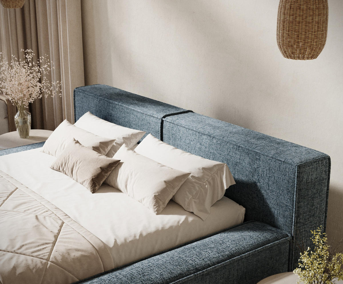 POLSTERBETT Voliera Blau Grau 160/200 cm im Chenille-Stoff - Birkefarben/Blaugrau, Holz/Holzwerkstoff (160/200cm) - Maison de Reve