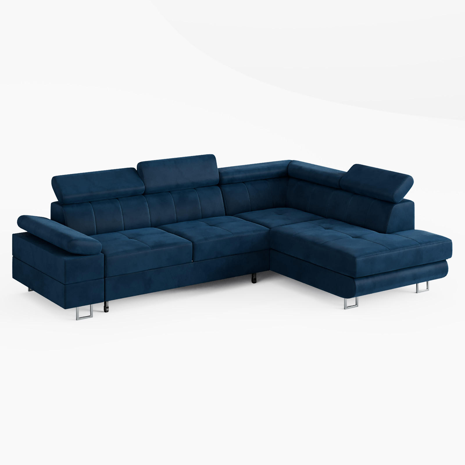ECKSOFA CAROLINE Rechts Dunkelblau Velours-Stoff mit Schlaffunktion und Bettkasten - Chromfarben/Dunkelblau, Textil (253/190cm) - Barchello