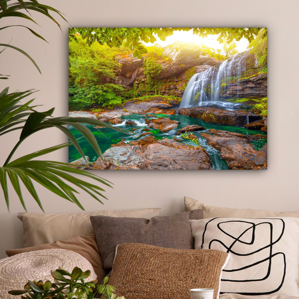 LEINWANDBILD Natur - Wasserfall - Pflanzen - Bäume - Sonne Wandbilder 80x60 cm - Olivgrün, Textil (80/60cm) - MuchoWow