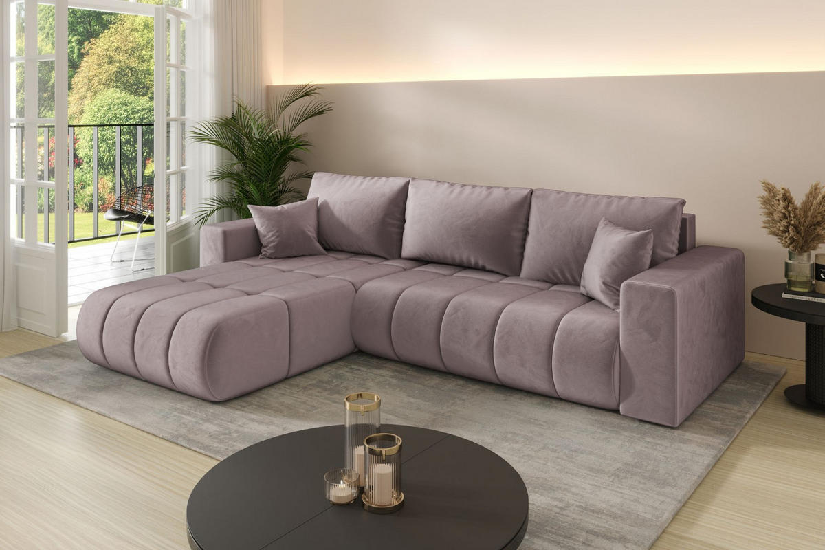 ECKSOFA mit schlaffunktion und bettkasten MILO PREMIUM, stoff MONOLITH, Lila, Links - Violett, Holz (280/190cm) - Kaiser Möbel